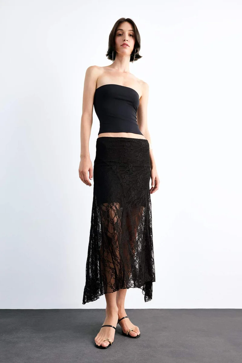 ديفاكتو Lace Half Lining Elastic Band Ankle Length Skirt