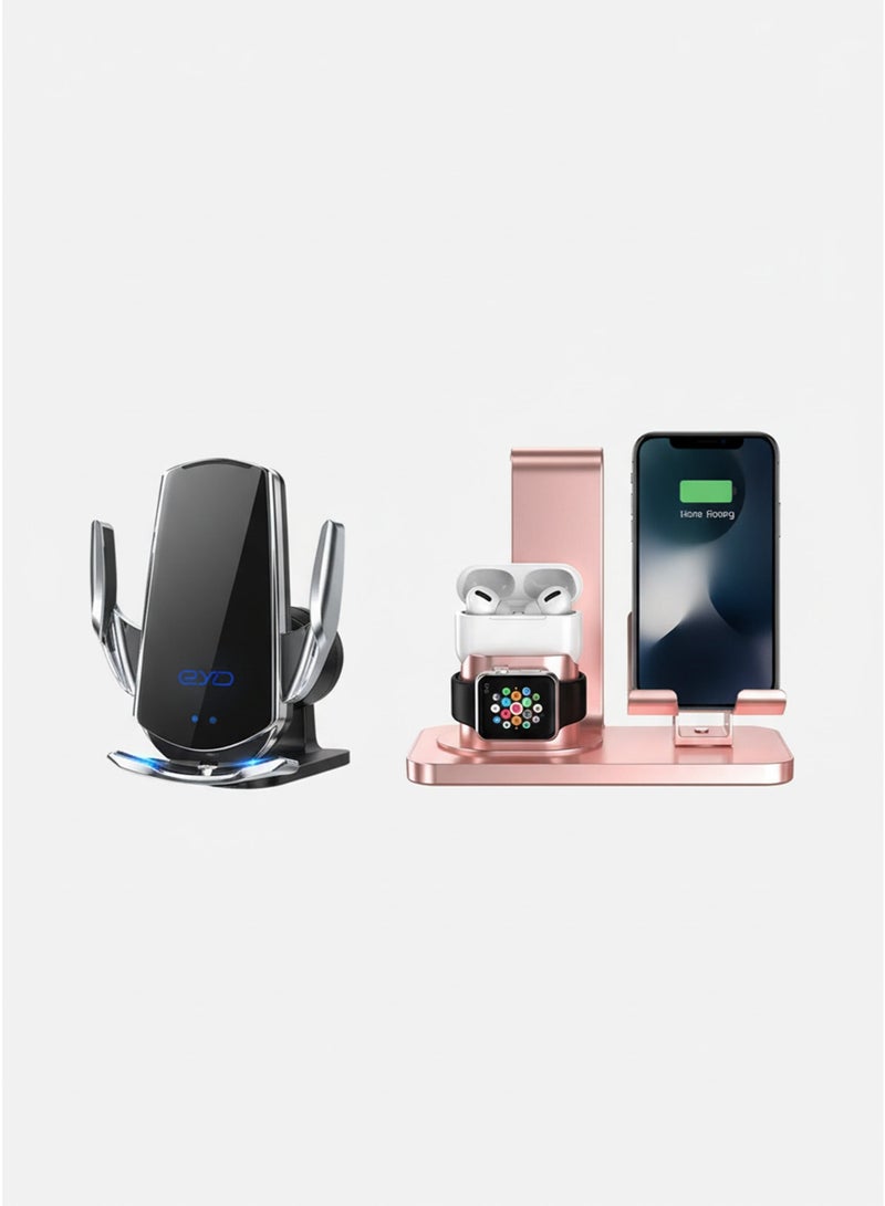 محطة شحن ألومنيوم 3 في 1 - شاحن لاسلكي سريع لأجهزة iPhone و Apple Watch و AirPods، حامل شحن فاخر باللون الذهبي الوردي وحامل سيارة، شاحن لاسلكي Q5 - فضي | حزمة حامل سيارة للشحن اللاسلكي السريع - Image 2