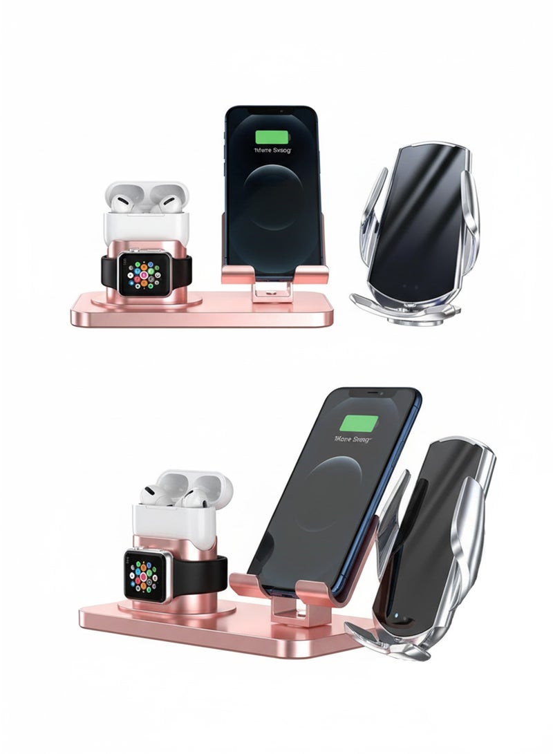 محطة شحن ألومنيوم 3 في 1 - شاحن لاسلكي سريع لأجهزة iPhone و Apple Watch و AirPods، حامل شحن فاخر باللون الذهبي الوردي وحامل سيارة، شاحن لاسلكي Q5 - فضي | حزمة حامل سيارة للشحن اللاسلكي السريع - Image 5