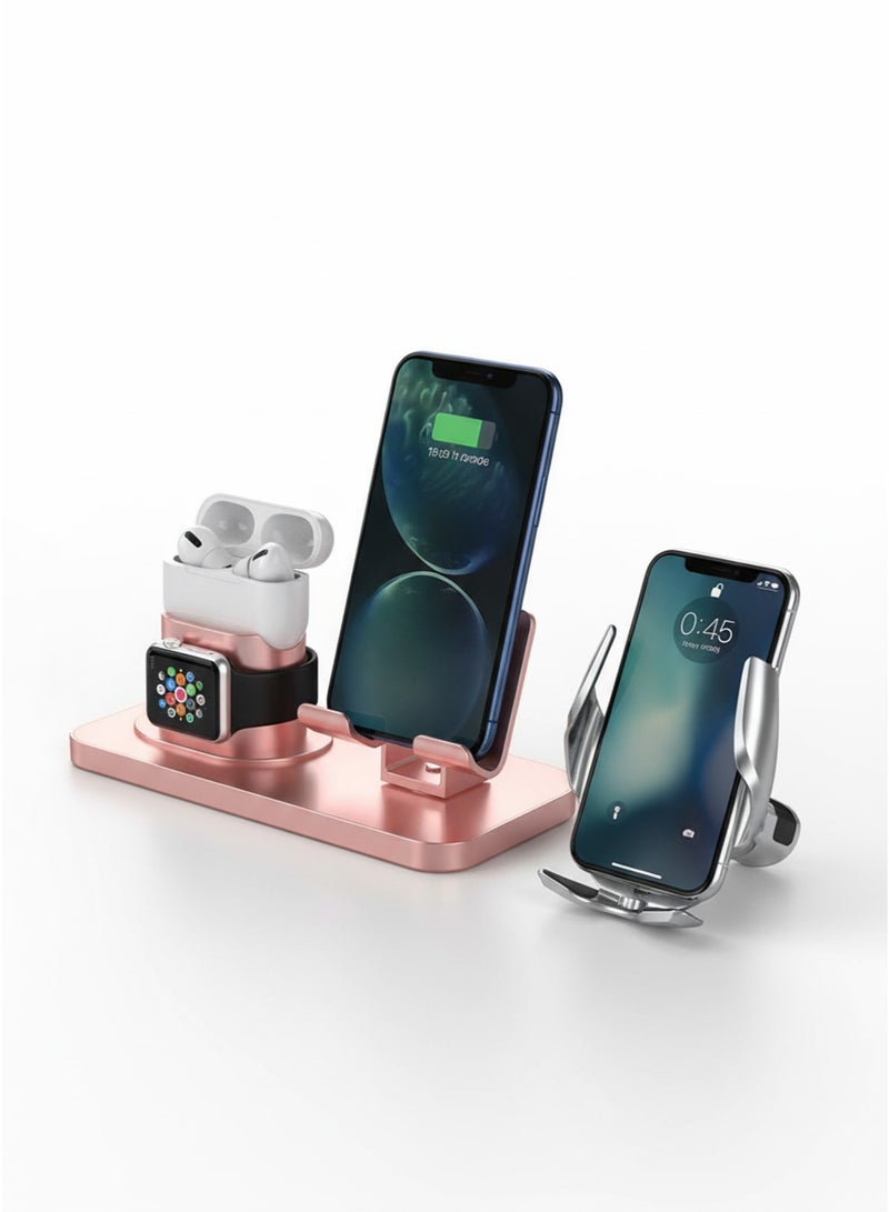 محطة شحن ألومنيوم 3 في 1 - شاحن لاسلكي سريع لأجهزة iPhone و Apple Watch و AirPods، حامل شحن فاخر باللون الذهبي الوردي وحامل سيارة، شاحن لاسلكي Q5 - فضي | حزمة حامل سيارة للشحن اللاسلكي السريع - Image 3