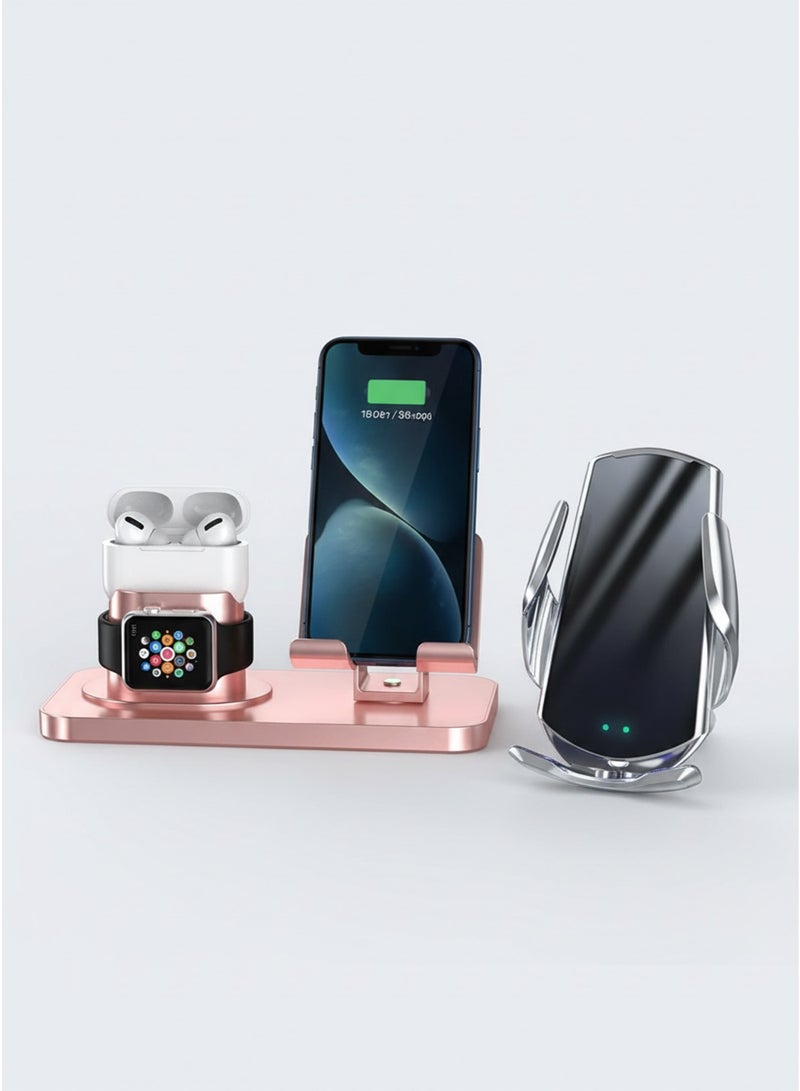 محطة شحن ألومنيوم 3 في 1 - شاحن لاسلكي سريع لأجهزة iPhone و Apple Watch و AirPods، حامل شحن فاخر باللون الذهبي الوردي وحامل سيارة، شاحن لاسلكي Q5 - فضي | حزمة حامل سيارة للشحن اللاسلكي السريع - Image 1