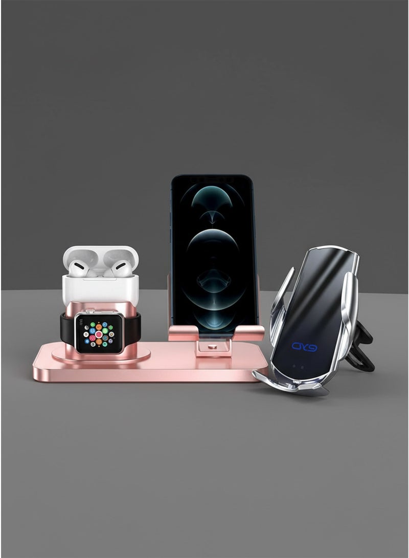 محطة شحن ألومنيوم 3 في 1 - شاحن لاسلكي سريع لأجهزة iPhone و Apple Watch و AirPods، حامل شحن فاخر باللون الذهبي الوردي وحامل سيارة، شاحن لاسلكي Q5 - فضي | حزمة حامل سيارة للشحن اللاسلكي السريع - Image 4