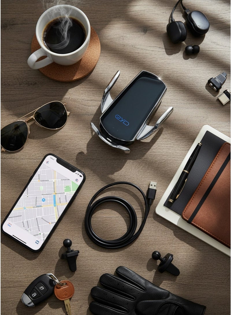 محطة شحن ألومنيوم 3 في 1 - شاحن لاسلكي سريع لأجهزة iPhone و Apple Watch و AirPods، حامل شحن فاخر باللون الذهبي الوردي وحامل سيارة، شاحن لاسلكي Q5 - فضي | حزمة حامل سيارة للشحن اللاسلكي السريع - Image 2