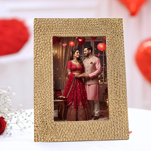 BEHOMA Golden Aluminium Hammered Rectangular Photo Frame Tabletop | Best Gift For Home Decor, Birthday, Anniversary, Festivals, Housewarming | Gold Finish (5X7 Inches) - Image 1