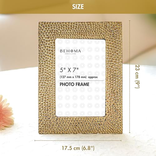 BEHOMA Golden Aluminium Hammered Rectangular Photo Frame Tabletop | Best Gift For Home Decor, Birthday, Anniversary, Festivals, Housewarming | Gold Finish (5X7 Inches) - Image 5