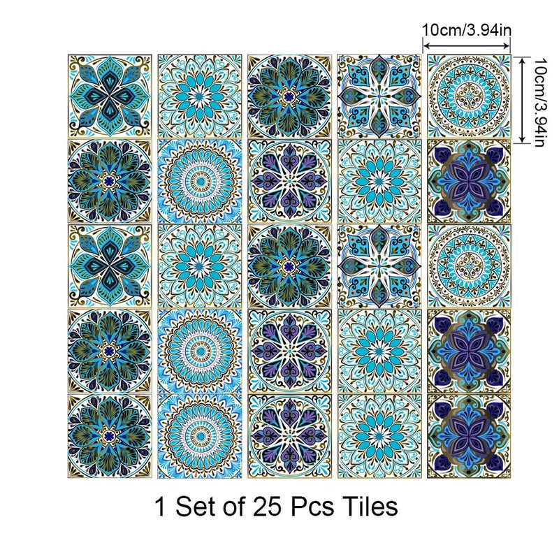 Jacklove 25 PCS Mandala Style Tile Sticker  4x4 Inch(10x10cm) Traditional DIY Murals  Tile Waterproof Oil Proof Removable Decals for Bathroom & Kitchen Backsplash Oil Proof Wall Stickers (MTL-01) - Image 2