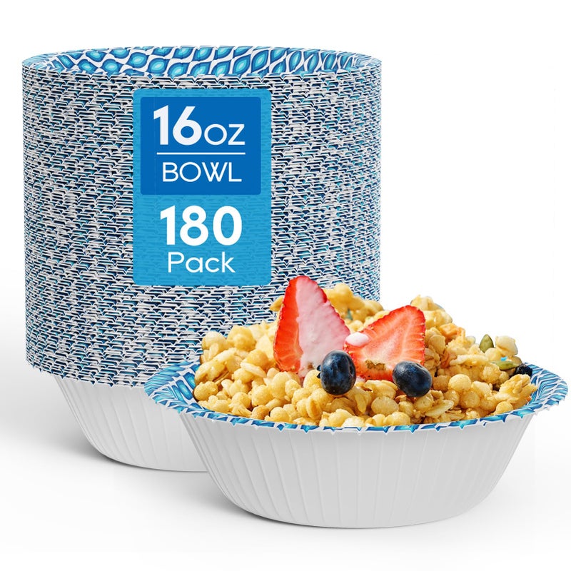 MUCHII 180 Count Paper Bowls 16 oz Printed Soak Proof Disposable Bowls Bulk for Breakfast Lunch and Dinner Meals