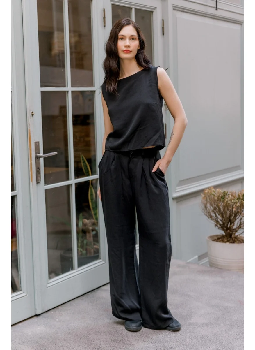 Barbora Linen Casual Sleeveless Top and Bottom Women's Set LN08SIYAH13