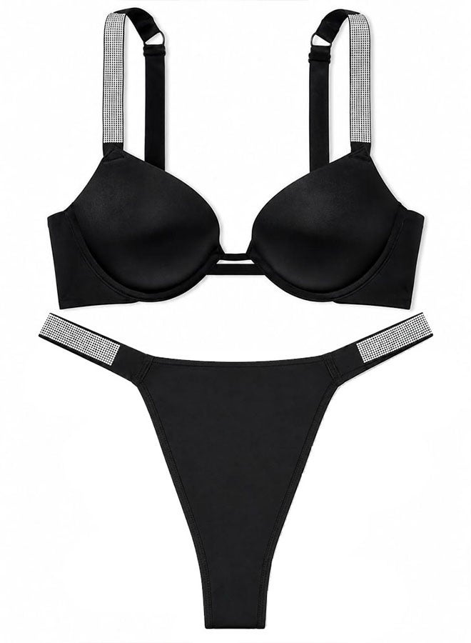 MARGOUN Women's Luxury Rhinestone Strap Push-Up Bra and Matching Thong Lingerie Set - Elegant Black Two-Piece VS8035 - Image 3