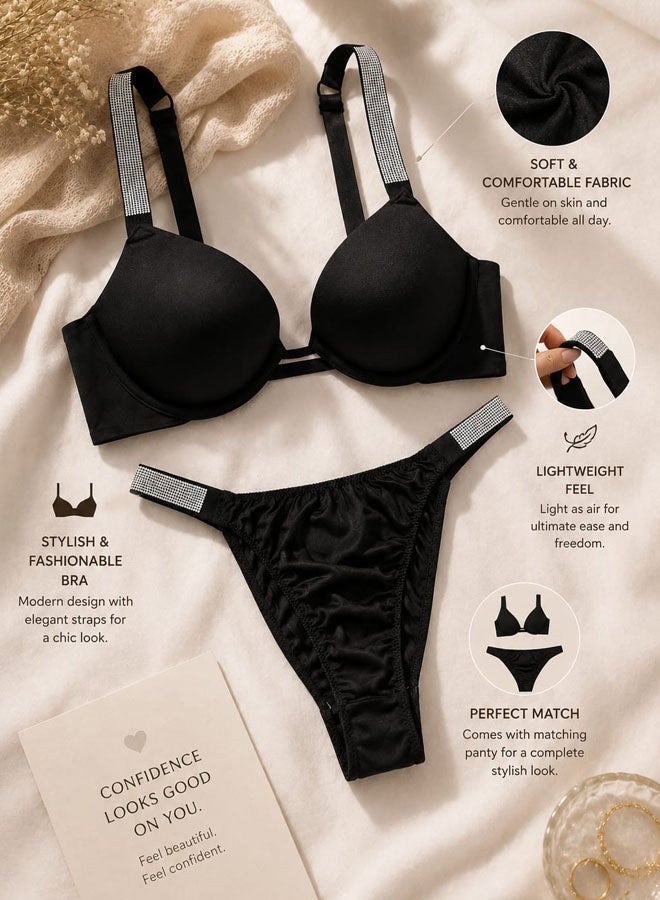 MARGOUN Women's Luxury Rhinestone Strap Push-Up Bra and Matching Thong Lingerie Set - Elegant Black Two-Piece VS8035 - Image 4