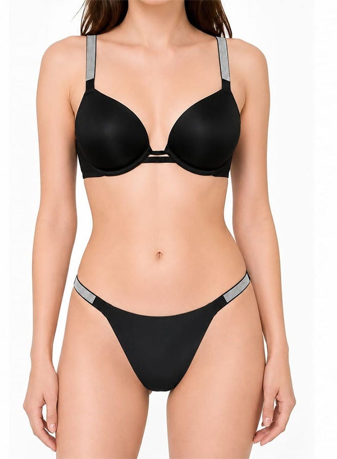 MARGOUN Women's Luxury Rhinestone Strap Push-Up Bra and Matching Thong Lingerie Set - Elegant Black Two-Piece VS8035 - Image 1