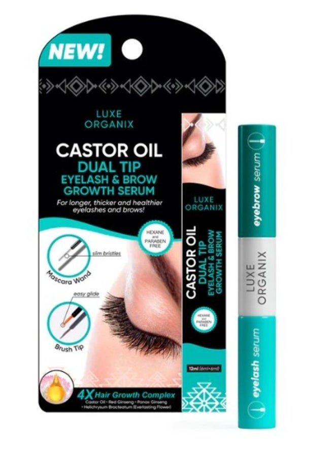 Luxe Organix Castor Oil Dual Tip Eyelash & Brow Growth Serum 12ml - Longer, Thicker & Healthier Lashes & Brows - Image 1