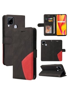 HuHa Case Cover For Realme C15 Dual-color Splicing Horizontal Flip PU Leather Case with Holder & Card Slots & Wallet Black 