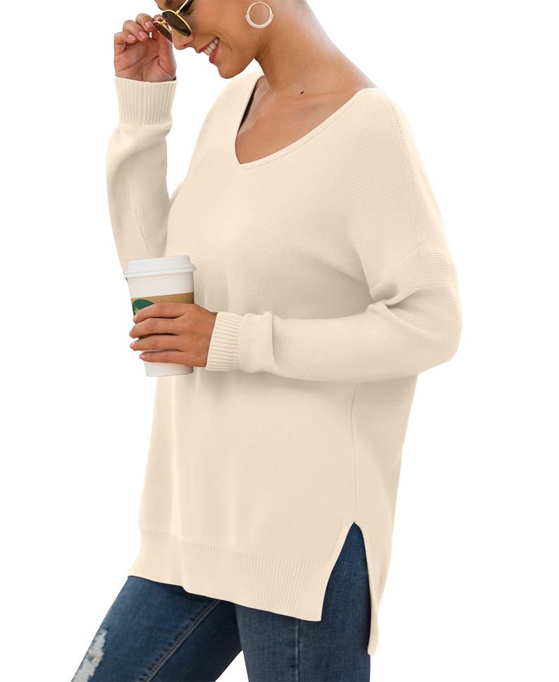 GRECERELLE Womens Pullover Sweaters V-Neck Long Sleeve Side Split Loose Casual Knit Sweater Blouse(Apricot, X-Large) - Image 2