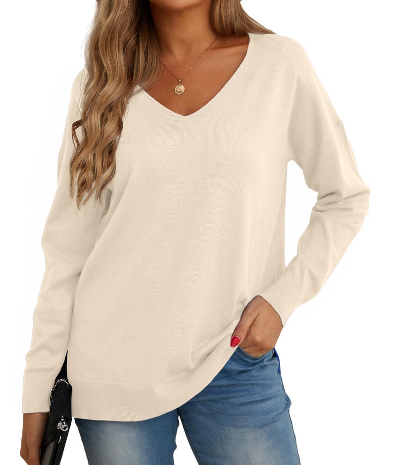 GRECERELLE Womens Pullover Sweaters V-Neck Long Sleeve Side Split Loose Casual Knit Sweater Blouse(Apricot, X-Large) - Image 1