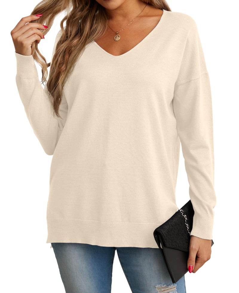 GRECERELLE Womens Pullover Sweaters V-Neck Long Sleeve Side Split Loose Casual Knit Sweater Blouse(Apricot, X-Large) - Image 5