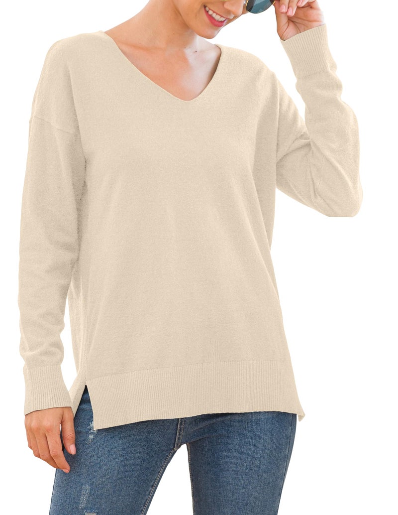 GRECERELLE Womens Pullover Sweaters V-Neck Long Sleeve Side Split Loose Casual Knit Sweater Blouse(Apricot, X-Large) - Image 4
