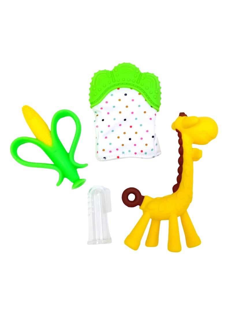 LOOFI Teething Toy Set Teethers Hand Teething Glove, a Giraffe, a Corn and Teething Brush - Baby Teething - Silicone Teethers - Baby Supplies - 4 Pieces - Color 7 - Image 1