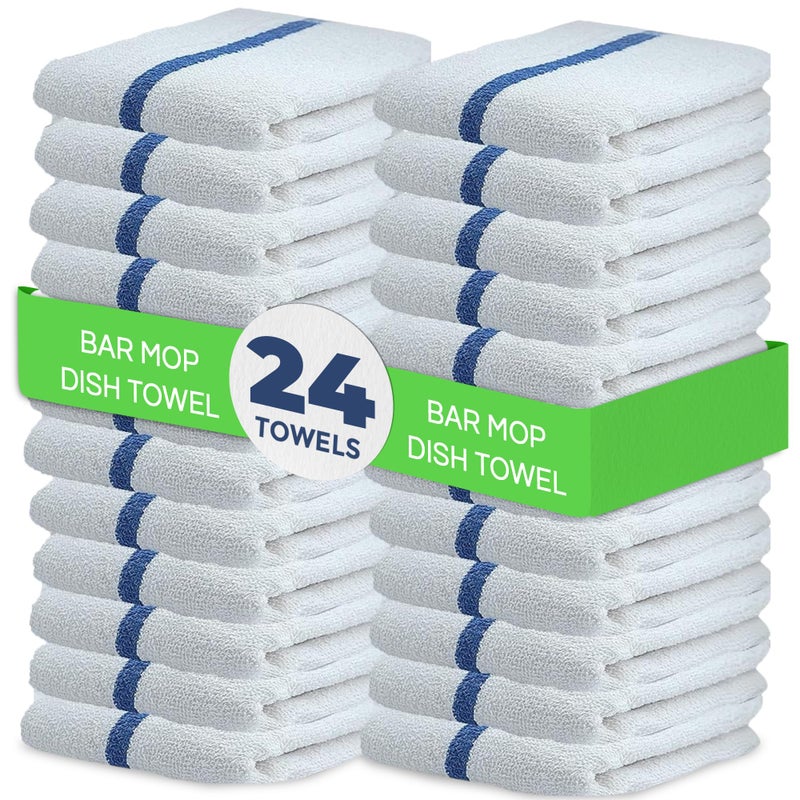 Towels N More منشفة ومزيد 24 حزمة 16x19 منشفة بار مبللة قطنية عالية الامتصاص قابلة لإعادة الاستخدام مناشف مطبخ سريعة التجفيف للطهاة المنزلية والمطاعم والبارات مناشف تنظيف الزجاج 24 مخطط أزرق - Image 3