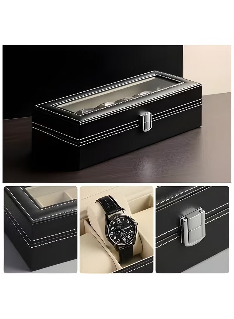 Trendify 6-Slot Luxury PU Leather Watch Box  Display Case – Watch Organizer with Clear Crystal Glass Lid and Soft Cushions – Professional Watch Storage Collection Case for Men and Women – Elegant Wristwatch Holder & Gift Box - Image 3