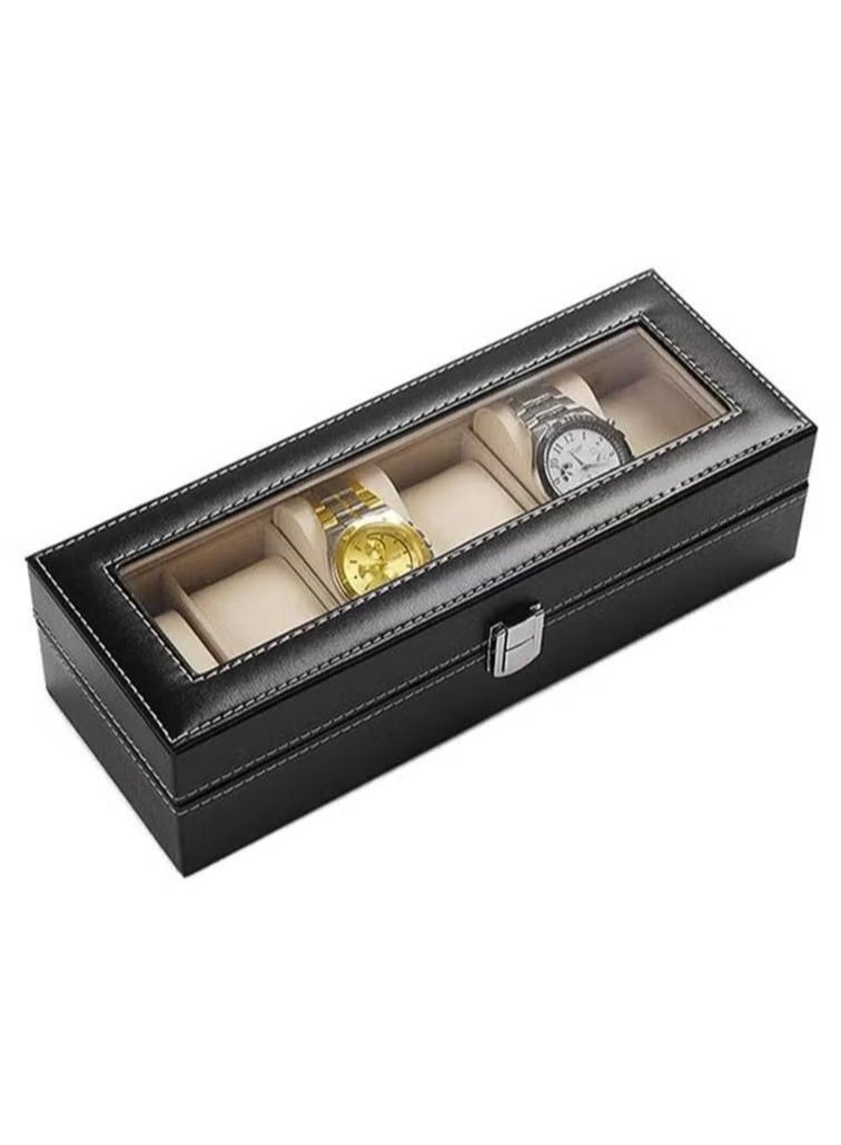 Trendify 6-Slot Luxury PU Leather Watch Box  Display Case – Watch Organizer with Clear Crystal Glass Lid and Soft Cushions – Professional Watch Storage Collection Case for Men and Women – Elegant Wristwatch Holder & Gift Box - Image 1