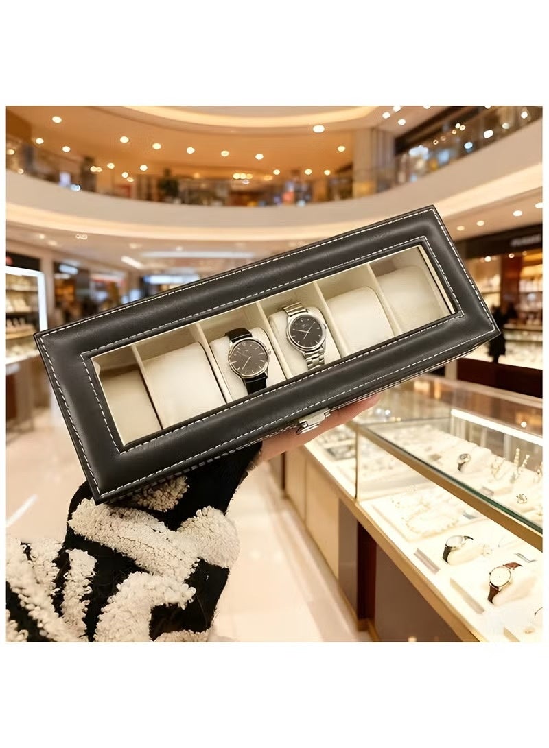Trendify 6-Slot Luxury PU Leather Watch Box  Display Case – Watch Organizer with Clear Crystal Glass Lid and Soft Cushions – Professional Watch Storage Collection Case for Men and Women – Elegant Wristwatch Holder & Gift Box - Image 5