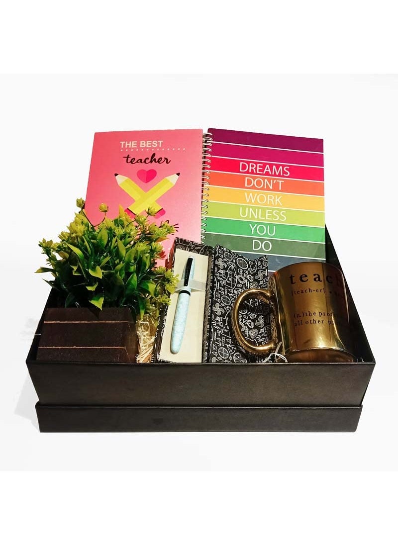 NorthLand - Northland The Best Teacher around the World Gift Hamper for Teachers Day Gift Combo Teachers Day Gift For Sir ( Artificial Desk Flower, Gold Coffee Mug, Pen, Spiral Diary and a Greeting Card ) - Image 1