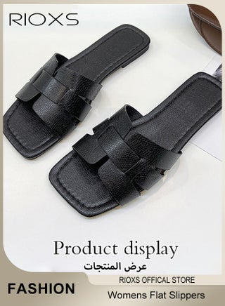 Women's Flat Sandals,  Elegant Square Open Toe Dressy Sandals, Lightweight Anti-Slip Open Toe Summer PU Leather Slides for Laides, Fashion Cross Strappy Beach Vacation Shower Sandals, Comfort Soft Sole Sandals, for House Indoor and Outdoor Use, Black - view 4