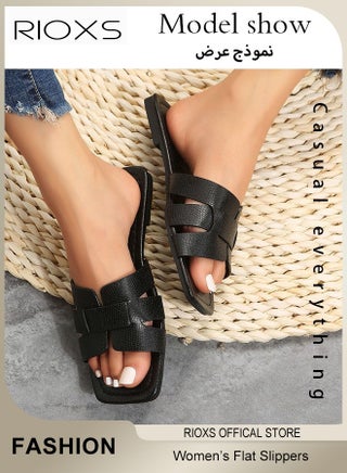 Women's Flat Sandals,  Elegant Square Open Toe Dressy Sandals, Lightweight Anti-Slip Open Toe Summer PU Leather Slides for Laides, Fashion Cross Strappy Beach Vacation Shower Sandals, Comfort Soft Sole Sandals, for House Indoor and Outdoor Use, Black - view 5