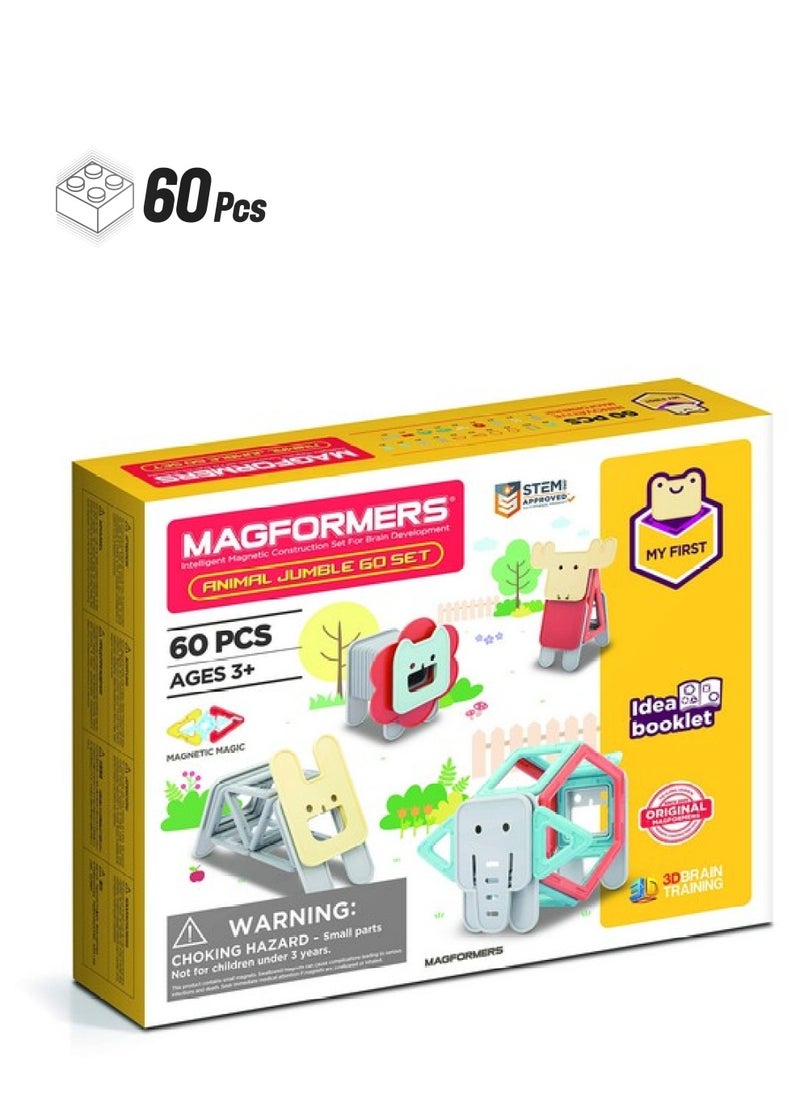 Magformers My First Animal Jumble 60 Piece Set Pastel Colors Educational Magnetic Geometric Shapes Tiles Building Stem Toy Set Ages 3+  - Image 1