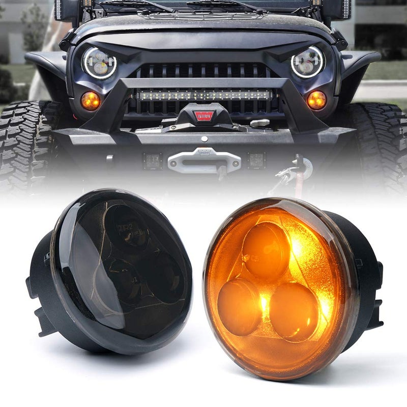 Xprite Amber LED Turn Signal Light wSmoke Lens Aluminum Front Blinker Lights Compatible with 20072018 Jeep Wrangler JK