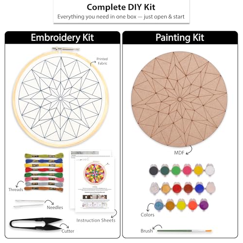picknMAKE Mandala Art Kit for Adults | Combo of Mandala Embroidery Kit & Mandala Coloring Kit | DIY Craft Kit with Water Colors, Painting Brush, Threads, Hoop, Needle & All Materials | New Hobby Kit - Image 2