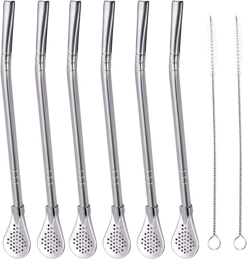 FRUTA Closed & open space compatible 6 PCS Stainless Steel Yerba Mate Tea Bombilla Straws with Filter Spoon and 2 PCS Cleaning Brushes, Removable Filtered Spoons Drinking Straw, 18.5CM/7.28inch Fast intercity distribution - Image 1