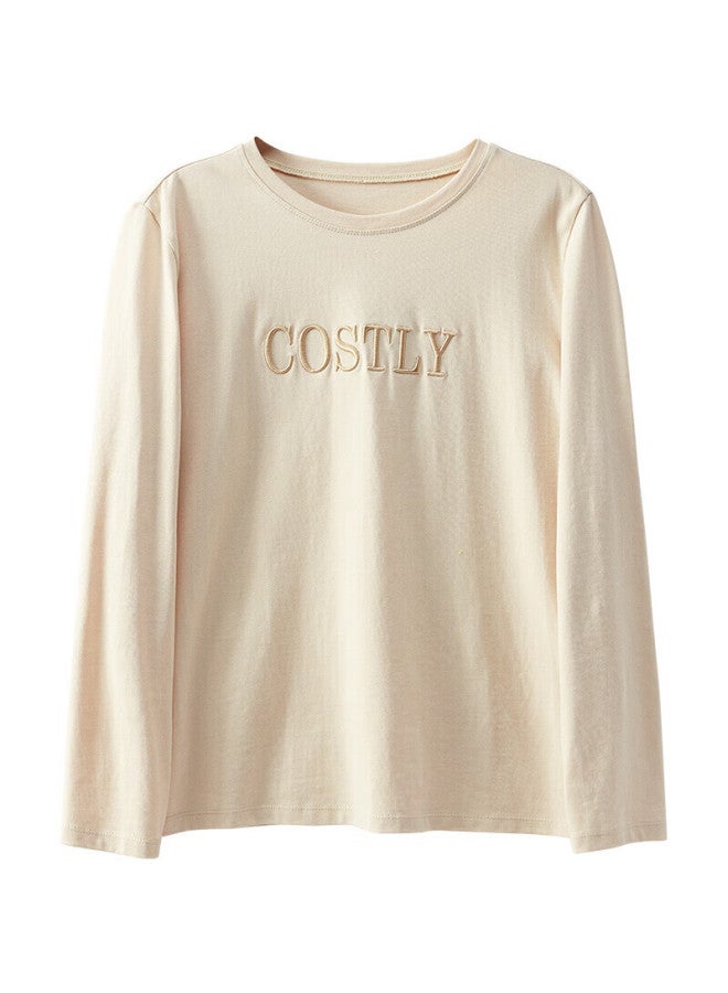 Sentubila Long-sleeve Pure Cotton T-shirt For Women, Spring And Autumn Loose-fitting Slimming Inner Layer Base Shirt Embroidered Top Light Apricot Color M - Image 3