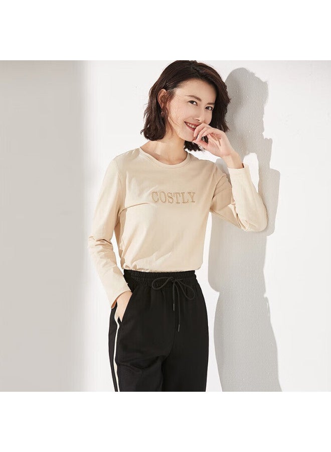 Sentubila Long-sleeve Pure Cotton T-shirt For Women, Spring And Autumn Loose-fitting Slimming Inner Layer Base Shirt Embroidered Top Light Apricot Color M - Image 1