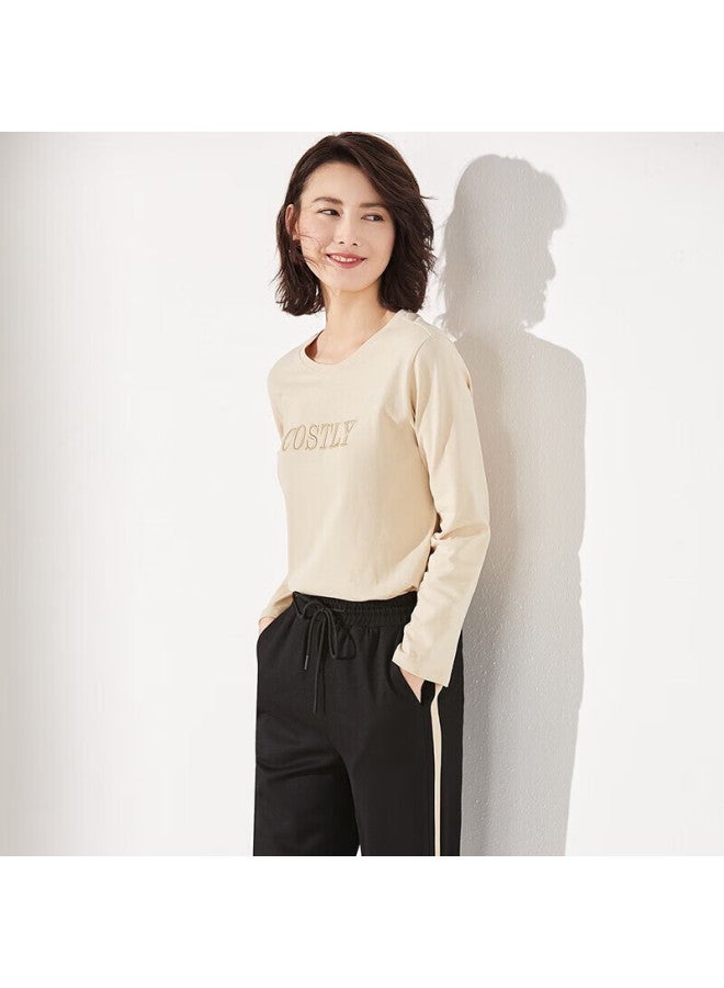 Sentubila Long-sleeve Pure Cotton T-shirt For Women, Spring And Autumn Loose-fitting Slimming Inner Layer Base Shirt Embroidered Top Light Apricot Color M - Image 2