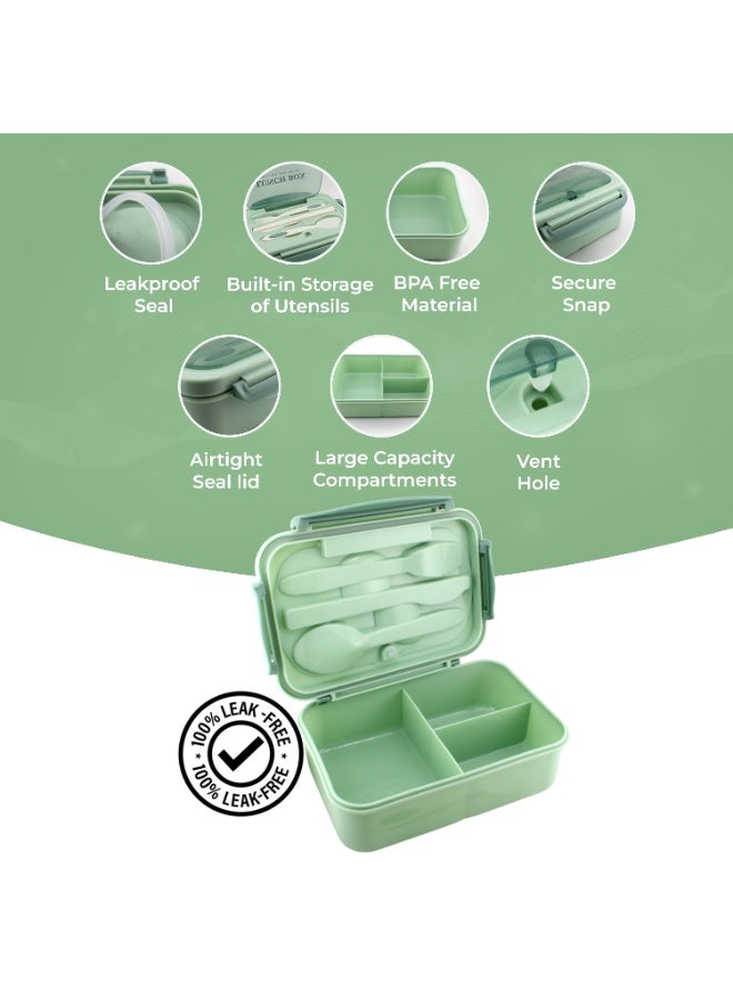 CRAVISTA Bento Lunch Box for Adults and Kids – 1200ML Leakproof 3-Compartment Lunchbox with Spoon & Fork – BPA-Free, Microwave Safe, Durable Food Container (Green) - Image 3