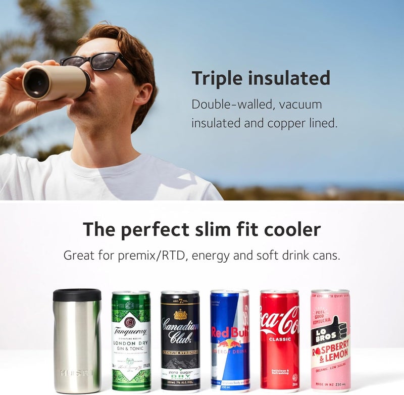 Huski Slim Can Cooler | NEW | Fits 250ml Premix/RTD, Energy & Soft Drink Cans | Triple Insulated | Detachable 2-in-1 Can Tab Slider | Keeps Cans up to 5X Colder | Great Gift (Brushed Stainless) - Image 4