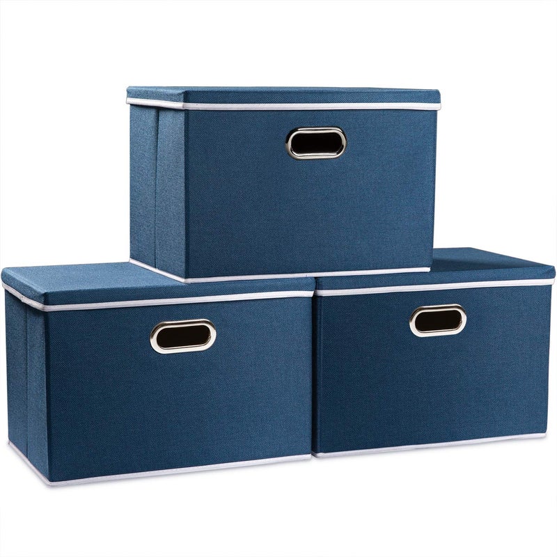 PRANDOM Large Collapsible Storage Bins with Lids 3Pack Fabric Foldable Storage Boxes Organizer Containers Baskets Cube with Cover for Home Bedroom Closet Office Royal Blue177x118x118
