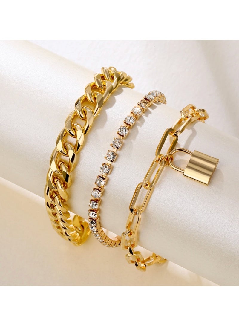 SHEIN3pcs/set Hip Hop Style Chunky Chain With Rhinestone Decor Bracelet - Image 4