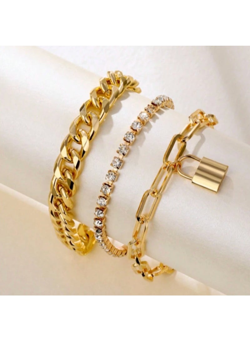 SHEIN3pcs/set Hip Hop Style Chunky Chain With Rhinestone Decor Bracelet - Image 1