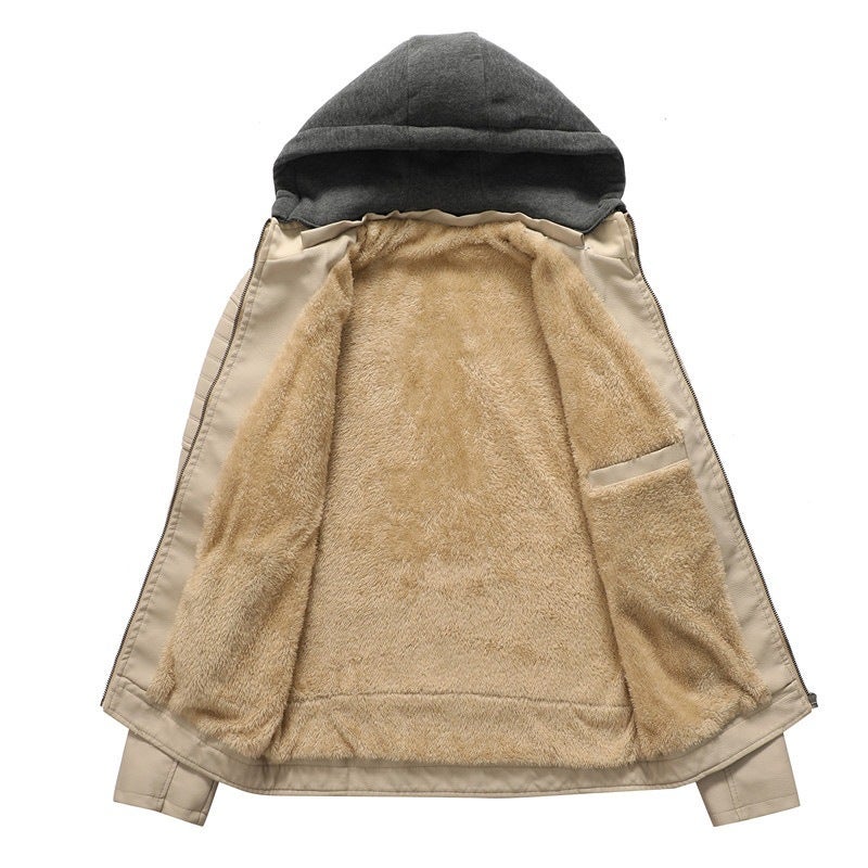 New Large Size Hooded Velvet Leather Windproof Warm Motorcycle Men'S Pu Jacket Men'S Coat - Image 3