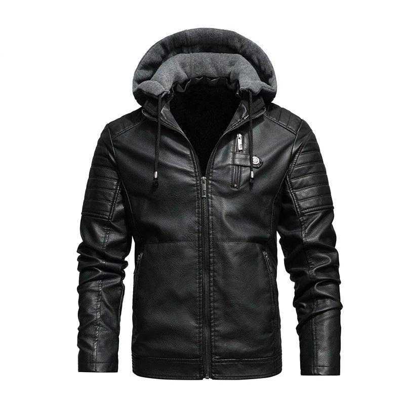 New Large Size Hooded Velvet Leather Windproof Warm Motorcycle Men'S Pu Jacket Men'S Coat - Image 4