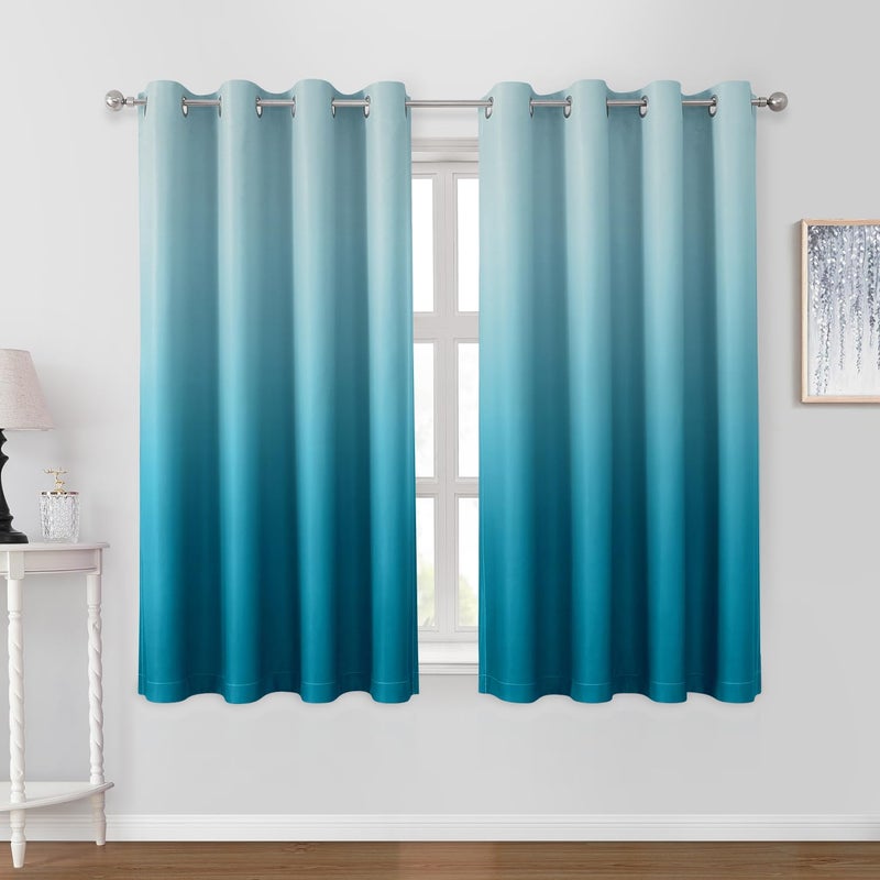 HOMEIDEAS HOMEIDEAS Turquoise Ombre Blackout Curtains 52 X 63 Inch Length Gradient Room Darkening Thermal Insulated Energy Saving Grommet 2 Panels Window Drapes for Living Room Bedroom