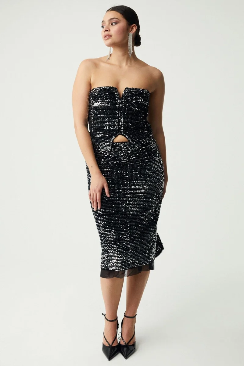 GRIMELANGE Yiseth Women's Silver Sequined Long Lined Black Skirt