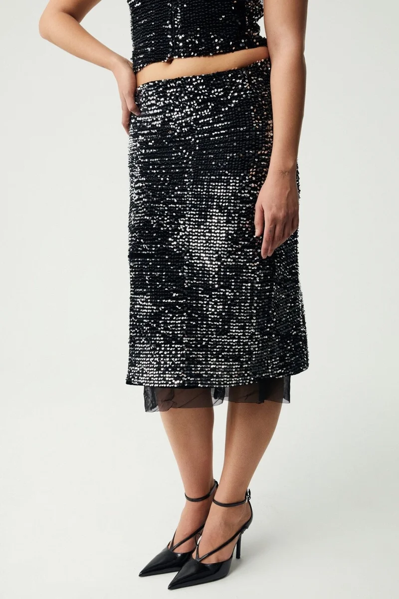 GRIMELANGE Yiseth Women's Silver Sequined Long Lined Black Skirt