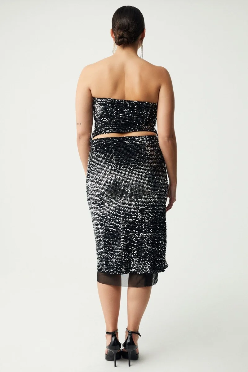 GRIMELANGE Yiseth Women's Silver Sequined Long Lined Black Skirt