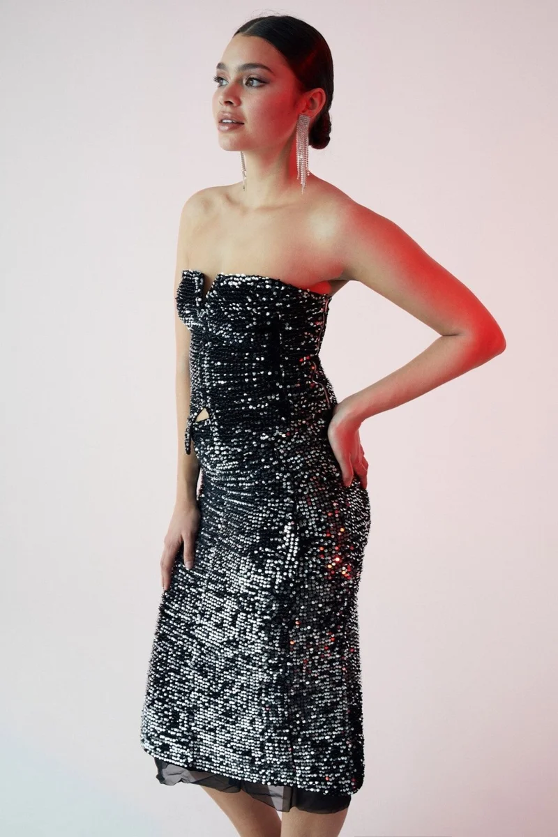 GRIMELANGE Yiseth Women's Silver Sequined Long Lined Black Skirt