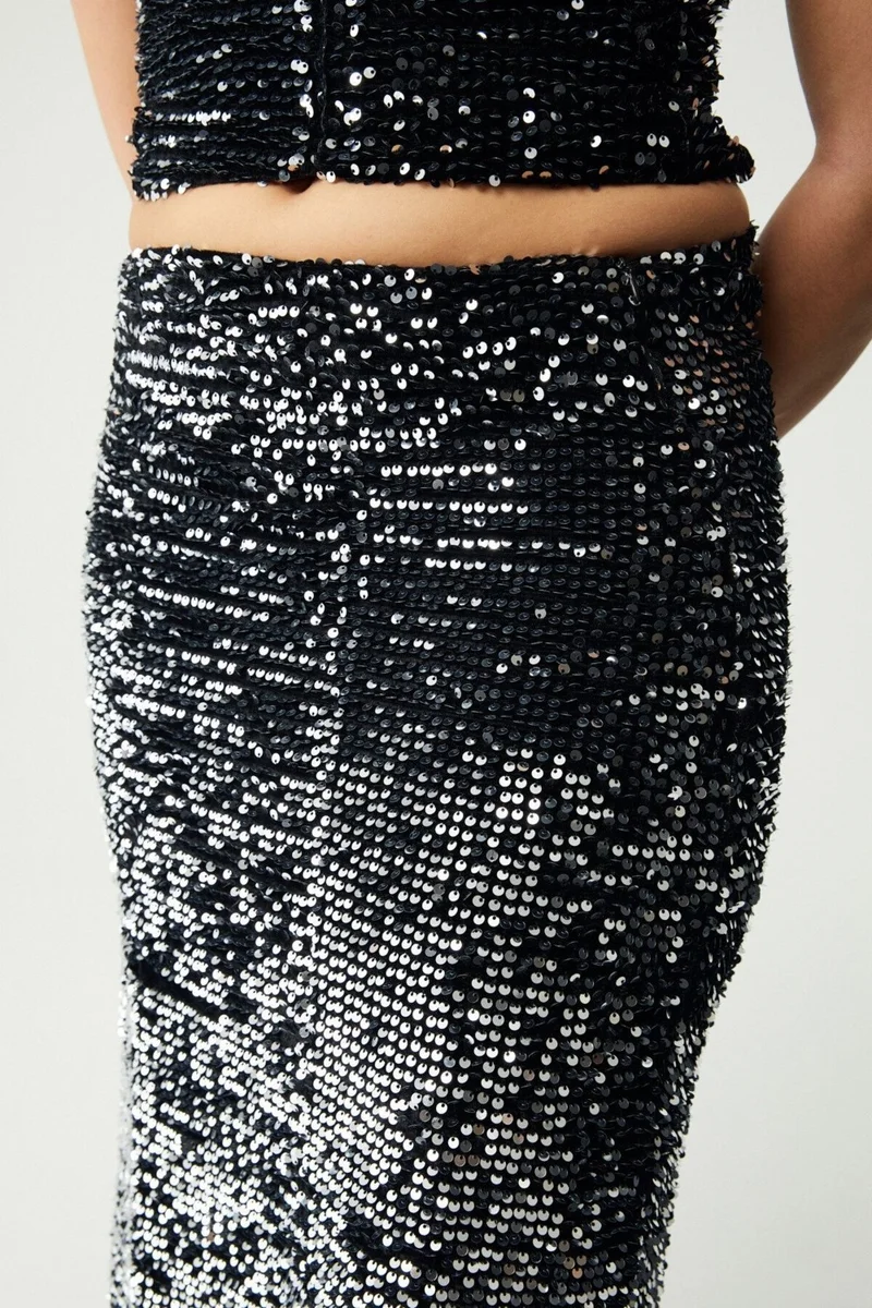GRIMELANGE Yiseth Women's Silver Sequined Long Lined Black Skirt