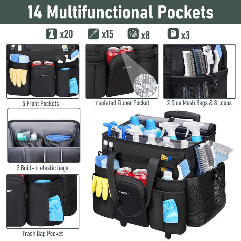 Ytonet Cleaning Caddy with Wheels, Large Rolling Cleaning Caddy Bag with Detachable Trolley for Housekeepers, Water Resistant Cleaner Supplies Organizer with Wheels for Kitchen, Car, Tool Organizer - Image 2